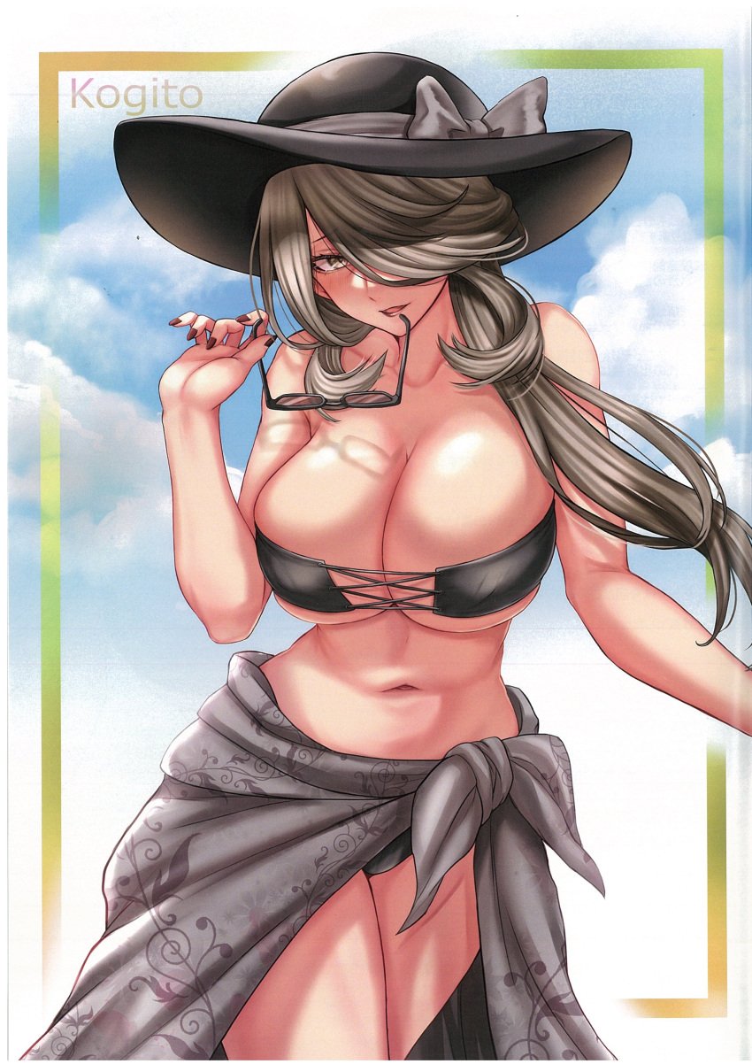 1girls 2022 bikini black_bikini black_swimsuit breasts brown_eyes clouds cogita_(pokemon) game_freak gilf gray_hair hair_over_one_eye holding_sunglasses large_breasts long_hair looking_at_viewer nintendo painted_fingernails pokemon pokemon_legends:_arceus sarong sky sun_hat sunglasses sunglasses_removed swimsuit takecha