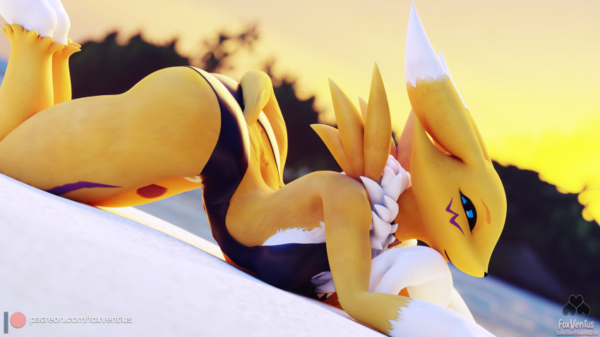 16:9 3d_(artwork) anthro ass bandai_namco canid clothed clothing digimon digimon_(species) digital_media_(artwork) female foxventus fur hi_res looking_at_viewer mammal one-piece_swimsuit renamon renamon_(warfaremchine) solo swimwear widescreen yellow_body yellow_fur