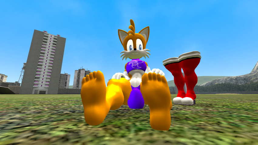 1boy 3d_model boots_removed feet femboy furry guy male male_only no_shoes outdoors outside shirt_on solo solo_male sonic_(series) tails tails_the_fox yellow_fur yellow_skin