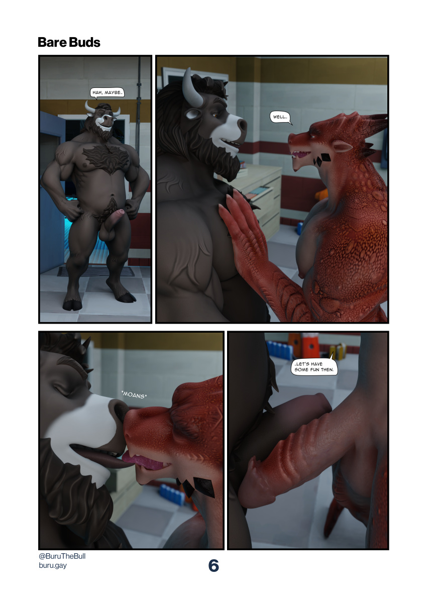 absurd_res anthro balls big_penis bovid bovine brown_body brown_fur buru_(buruthebull) buruthebull comic dragon_(maxwellshiba) foreskin fur genitals hi_res horn humanoid_genitalia humanoid_penis lunjy_(maxwellshiba) male mammal muscular muscular_male nude page_6 penis scalie tail