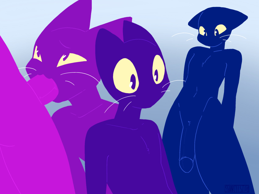 anthro big_penis colorful domestic_cat duo erection felid feline felis floppy genitals hi_res lineless male male/male mammal penis silhouette silhouetted_body simple_background sshartfest thick_thighs whiskers wide_eyed