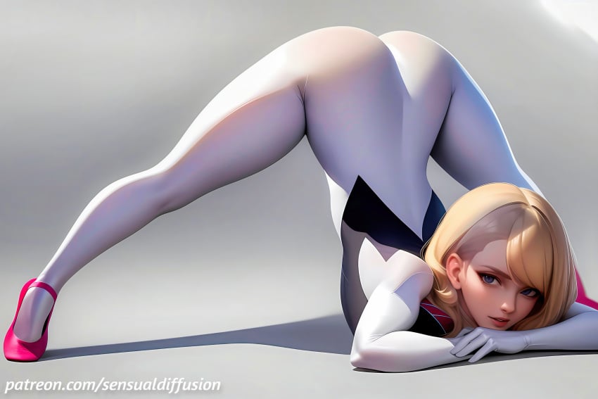 1girls 2d 4k ai_generated ass_up ballet_slippers blonde_hair blue_eyes bodysuit cute fanart fit flexible gwen_stacy human human_only jack-o'_challenge jack-o_pose jackochallenge light-skinned_female light_skin looking_at_viewer marvel medium_hair nude pinup pose sensualdiffusion solo spider-gwen spider-man_(series) spread_legs stable_diffusion suit superhero superhero_costume superheroine tight_clothing top-down_bottom-up undercut video_games