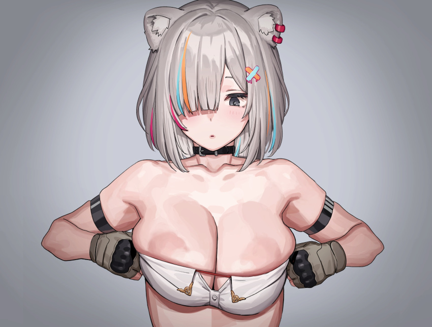 ... animal_ear_fluff animal_ear_piercing animal_ears areola_slip arm_strap asymmetrical_bangs black_choker black_eyes blue_hair blush breasts choker cleavage female fingerless_gloves gloves gradient_background grey_background grey_gloves grey_hair hair_ornament hair_over_one_eye highres hololive hololive_gen_5 hololive_japan large_areolae large_breasts light_blue_hair lion_ears looking_at_viewer multicolored_hair official_alternate_hair_length official_alternate_hairstyle orange_hair parted_lips pasties pink_hair shishiro_botan short_hair simple_background skindentation solo sound_effects strapless streaked_hair string tenchisouha tube_top upper_body virtual_youtuber white_tube_top x_hair_ornament