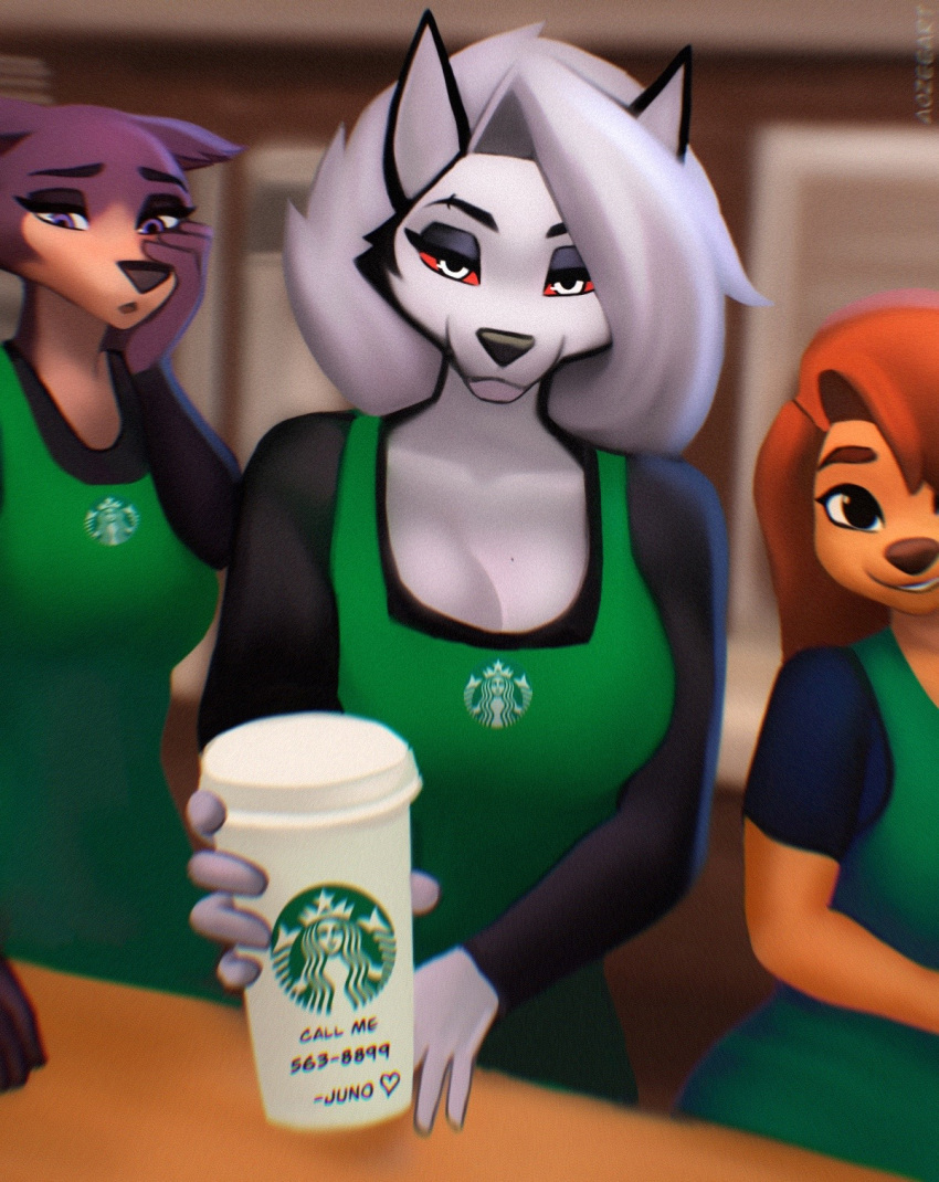 2023 3girls 5_fingers anthro aozee apron beastars big_breasts breasts brown_body brown_fur canid canid_demon canine canis chromatic_aberration cleavage clothed clothing coffee_cup container crossover cup demon digital_media_(artwork) disney domestic_dog eastern_and_western_character english_text eyebrow_piercing eyebrow_ring facial_piercing female fingers fur goof_troop group hair hellhound helluva_boss hi_res holding_coffee_cup holding_container holding_cup holding_object inside juno_(beastars) larger_female looking_at_viewer loona_(helluva_boss) mammal narrowed_eyes netflix open_mouth phone_number piercing red_sclera ring_piercing roxanne_(goof_troop) size_difference smaller_female smile standing starbucks text text_on_container topwear trio white_body white_fur wolf