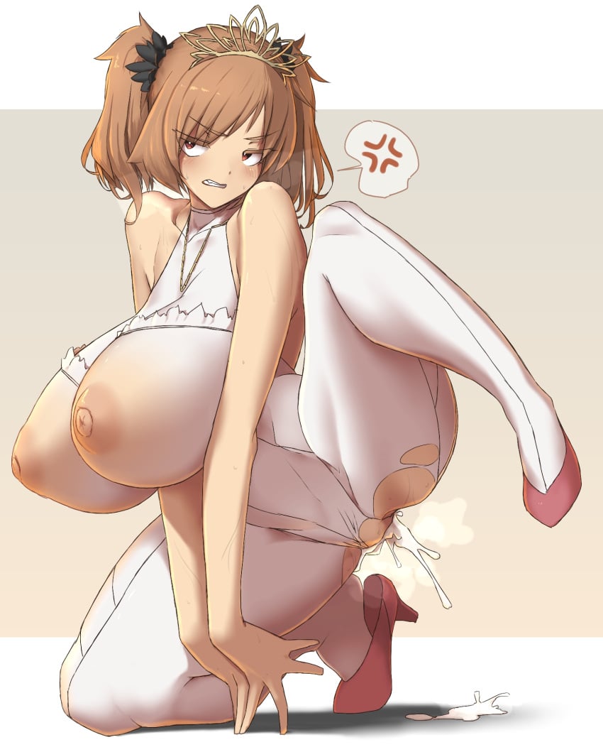 16.6_(artist) after_sex anger_vein bare_shoulders breasts breasts_out bright_pupils brown_eyes brown_hair commentary_request cum cum_in_pussy female full_body gradient_background high_heels highres huge_breasts jewelry leotard looking_at_viewer looking_to_the_side maki_(makino_momiji) makino_momiji_(artist) medium_hair necklace nipples original pantyhose race_queen red_footwear solo spoken_anger_vein teeth tiara torn_clothes torn_pantyhose two_side_up white_leotard white_pantyhose white_pupils xyv_1