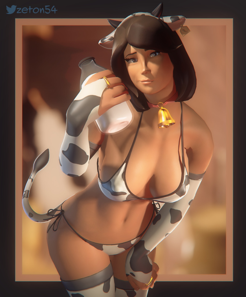 1girls 3d accessory alternate_version_available armwear bell blender breasts cow_bell cow_girl cow_print cow_print_bikini femscout femscout_(alt_design) holding_object horns legwear milf milk only_female scout_(team_fortress_2) smug_face tail team_fortress_2 zeton54