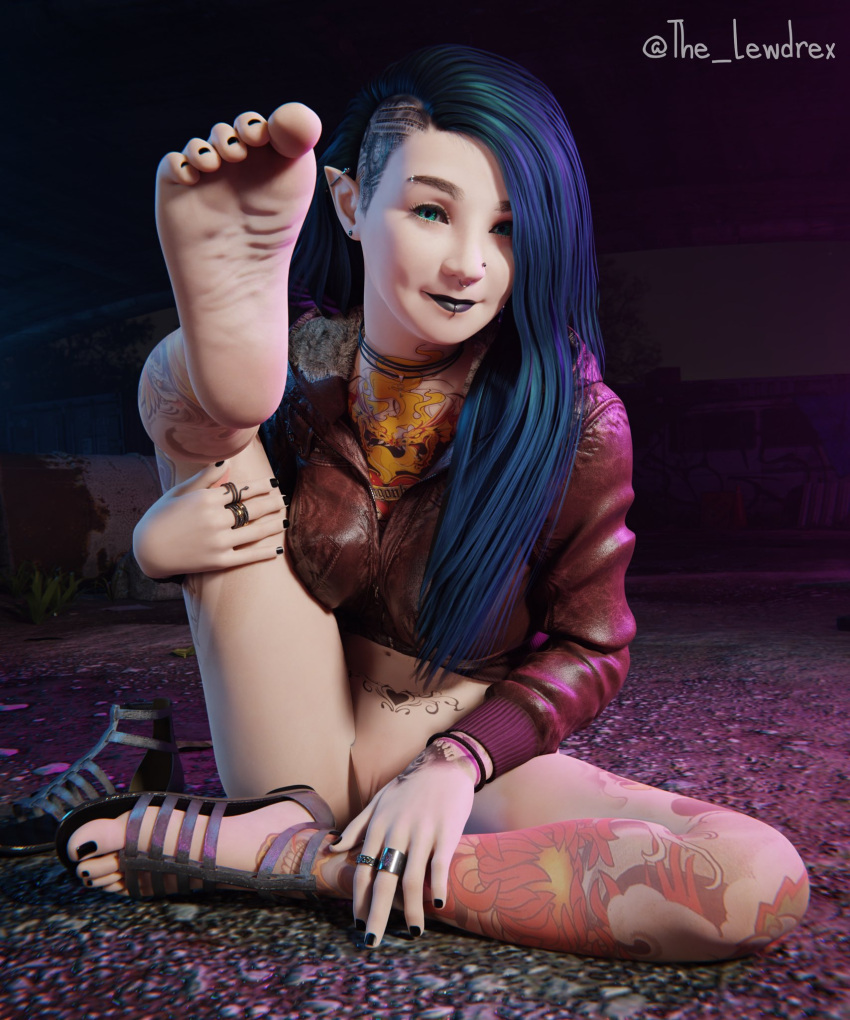 1girls 3d black_lipstick black_nail_polish black_nails blender blue_hair bottomless clothed clothing elf elf_ears elf_female feet female female_focus female_only green_eyes half-dressed half_naked highres jacket leg_tattoo leg_up lewdrex light-skinned_female light_skin lip_piercing lipstick long_hair nose_piercing on_floor original original_character outdoors outside piercing piercings presenting presenting_feet pussy pussy_lips pussy_peek rhovaneth_(lewdrex) sandals sitting soles solo solo_focus tattoo tattoos toes topwear vagina watermark