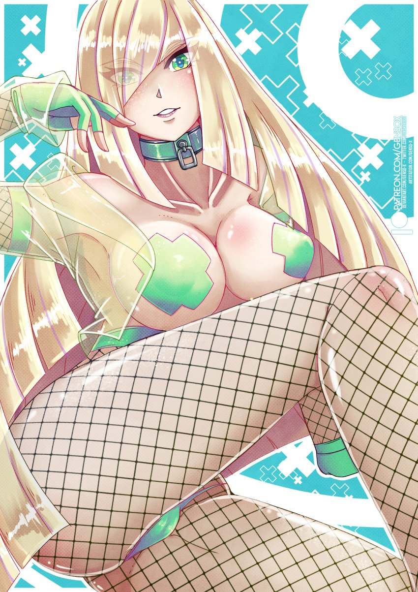 1girls alternate_version_available armpits armwear big_breasts blonde_hair breasts clothing collar eye_visible_through_hair female female_only fishnet fishnet_armwear fishnet_legwear fishnets game_freak gensox green_eyes hair legwear lips long_hair lusamine_(pokemon) mature mature_female mature_woman milf mother neckwear pantyhose pasties pokemon pokemon_sm solo solo_female thighs x_pasties