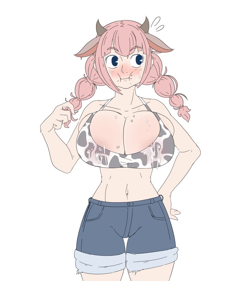 1girls belly bikini_top braided_hair braids cow_ears cow_print female_only huge_breasts lactation looking_away m-b-m massive_breasts pink_hair shorts solo solo_female