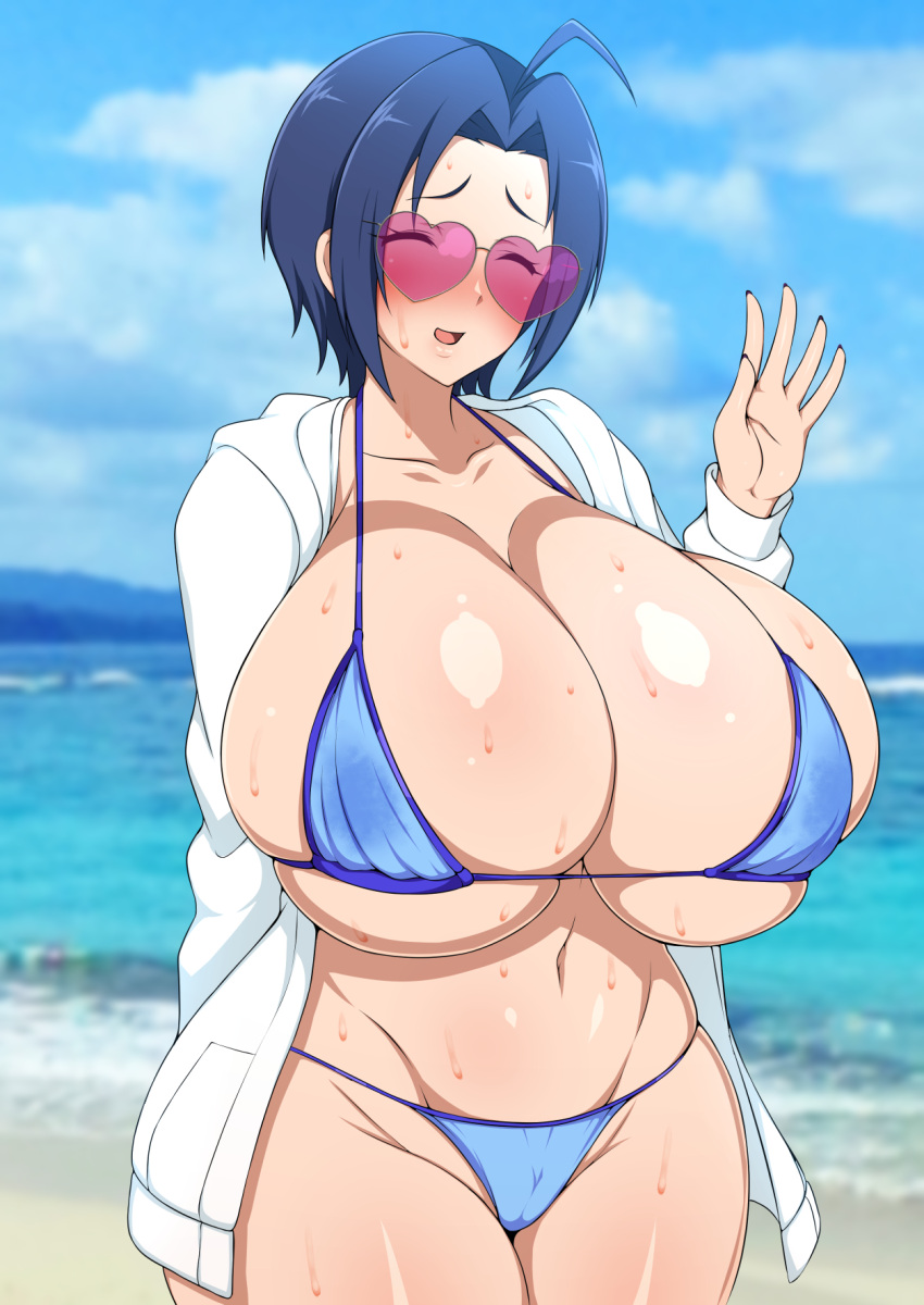 azusa_miura beach bikini blue_hair breasts bursting_breasts cameltoe cleavage closed_eyes curvy huge_breasts idolmaster jabara_tornado jacket miura_azusa pink-tinted_eyewear plump short_hair skimpy sunglasses sweat thick_thighs tinted_eyewear wide_hips