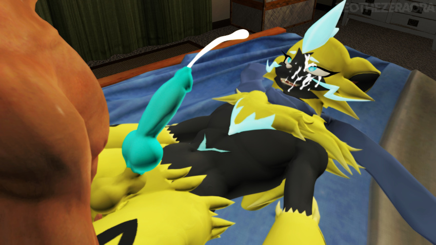 3d_(artwork) anal anal_sex blue_penis canine_penis cum cum_in_ass cum_inside cumshot cumshot_on_face furry furry_male laying_on_back laying_on_bed oc pokemon pokemon_(species) source_filmmaker zeo zeothezeraora zeozeraora zeraora