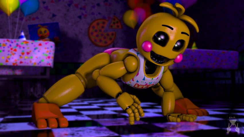 3d 3d_(artwork) bib blurry_background chicken color_edit detailed_background five_nights_at_freddy's five_nights_at_freddy's_2 hands_on_floor hi_res high_resolution highres jack-o_pose legs_apart looking_at_viewer pink_panties reflective_floor robot robot_girl rosy_cheeks scottgames sfm short_hair smug toy_chica_(fnaf) trishsfm watermark white_eyes yellow_body yellow_hair