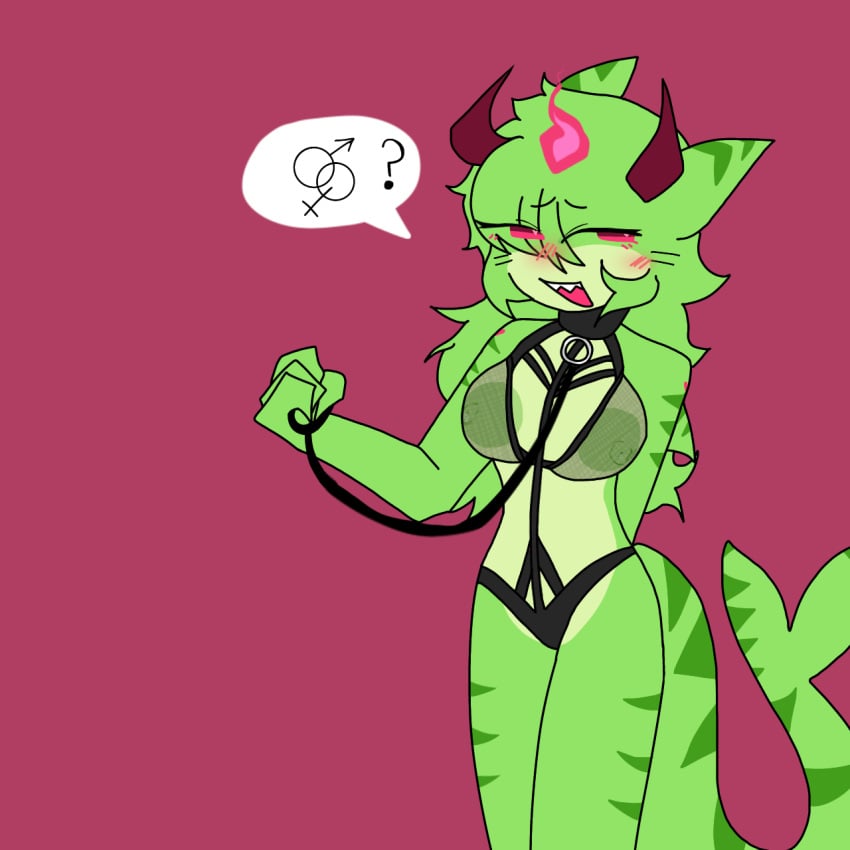 asking_for_it big_breasts blush green_breasts green_fur green_nipples horns kaiju_paradise leash red_background red_eyes roblox roblox_game shark shorks_(kaiju_paradise) tagme watermelon_shork_(kaiju_paradise)