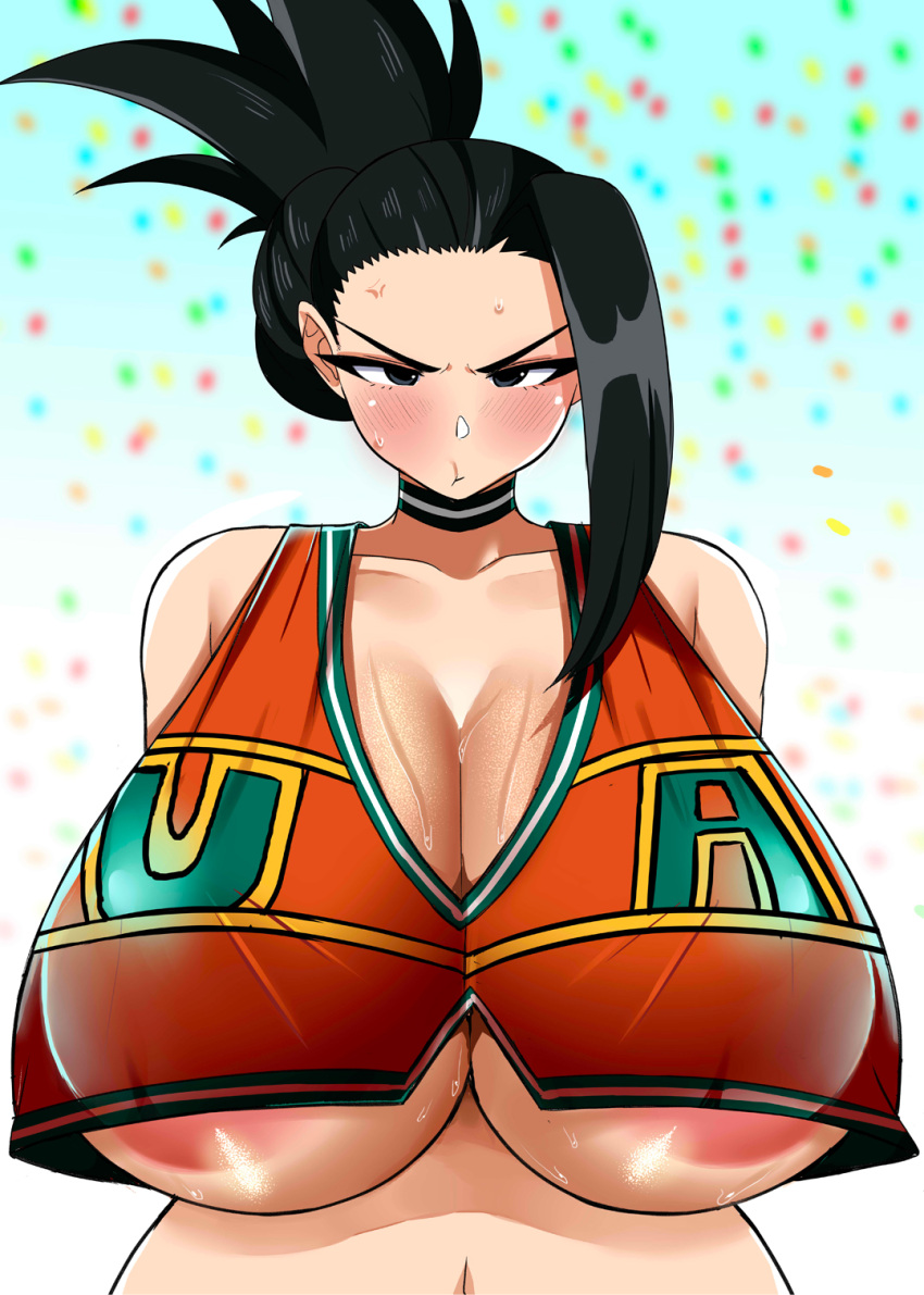 1girls anger_vein areola_slip areolae big_breasts black_eyes black_hair blush breast_focus breasts cheerleader cheerleader_uniform cleavage female female_only huge_breasts large_breasts momo_yaoyorozu my_hero_academia ponytail pout solo solo_female sweat sweatdrop topwear tuna_(artist) underboob