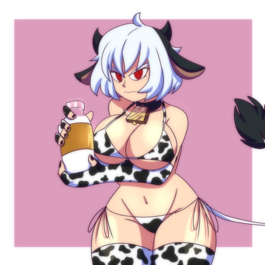 1girls armwear big_breasts bikini bikini_bottom bikini_top black_nail_polish black_nails bottle breasts cleavage cow_print cow_print_armwear cow_print_bikini cow_print_thighhighs cow_tail cowbell demon demon_girl fake_animal_ears fake_tail female female_only glass hair helltaker huge_breasts lueduartv malina_(helltaker) milk_bottle neckwear red_eyes short_hair solo solo_female tail thick_thighs thighhighs thighs white_hair