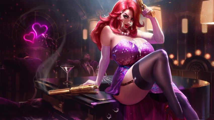 after_fellatio alternate_breast_size clothing cops_and_robbers_series cum cum_on_breasts cum_on_face cumming edit edited_official_artwork female firearm gun handgun high_heels huge_breasts human league_of_legends licking_cum licking_lips miss_fortune pale_skin penis pink_dress red_hair riot_games sarah_fortune secret_agent_miss_fortune sequin_dress suppressor sutton184_edits the_grind_series thick_thighs thighhighs third-party_edit tongue tongue_out weapon