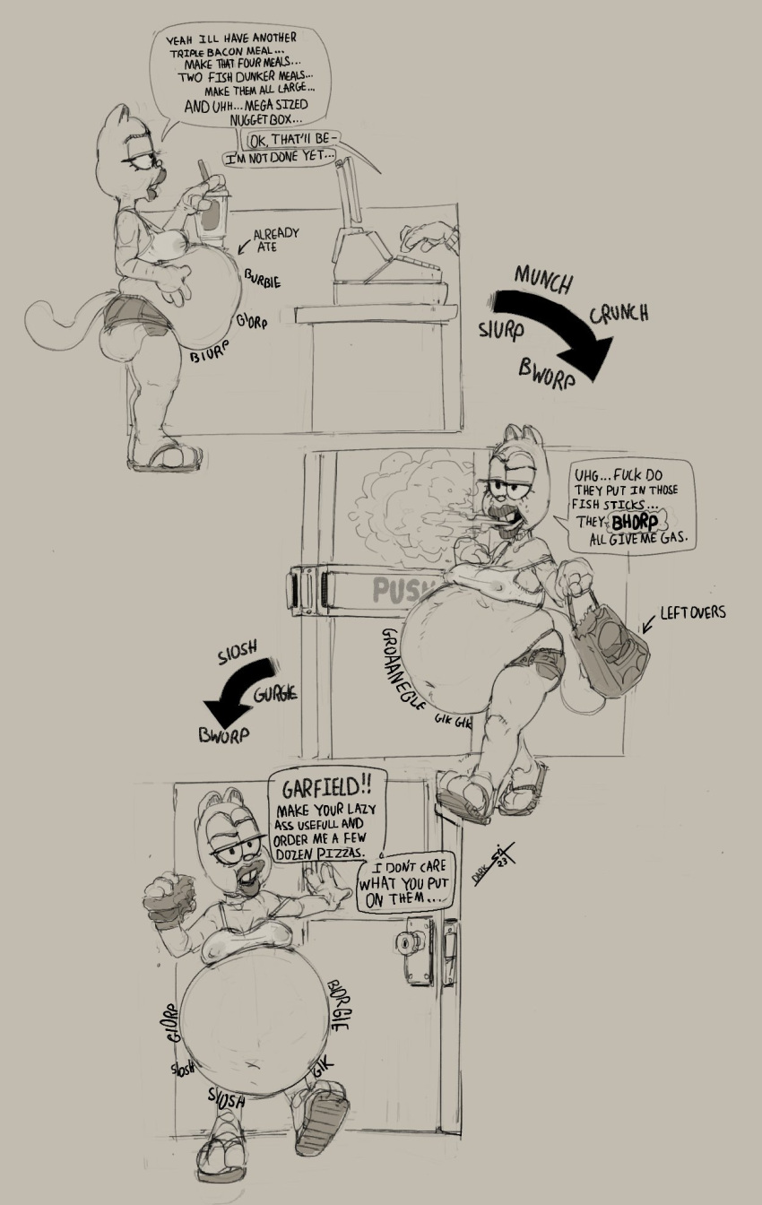 anthro arlene_(garfield) belly big_belly burping felid feline female food food_fetish garfield_(series) hi_res mammal rumbling_stomach sixsidesofmyhead solo stuffing