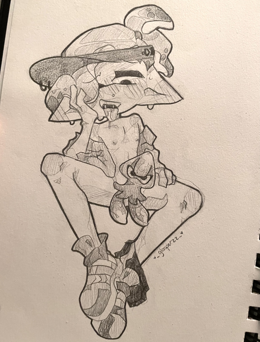 ahe_gao aloha_(splatoon) blush censored censored_penis cephalopod cephalopod_humanoid clothed clothing coroika creative_censorship inkling inkling_boy male male_only pants_around_ankles pants_around_one_leg pants_down pencil_(artwork) shirt sketch solo solo_male splatoon splatoon_(manga) splatoon_(series) splatoon_2 splatoon_3 sweat sweatdrop tentacle tentacle_hair traditional_media_(artwork) uncolored