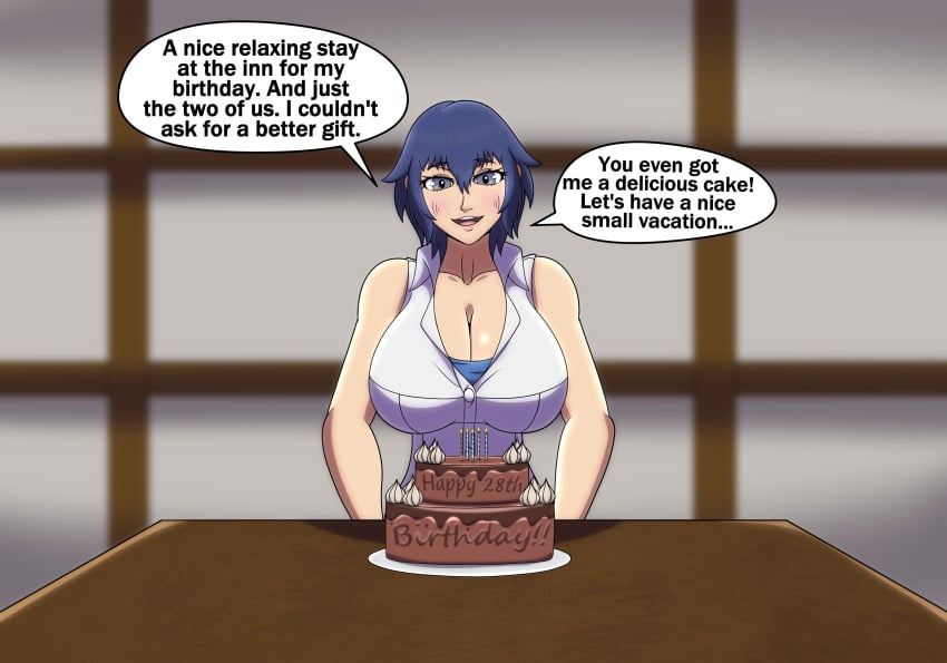 1girls big_breasts birthday birthday_cake blue_hair boyfriend breasts cake chocolate_cake girlfriend justjake large_breasts looking_at_viewer persona persona_4 persona_4_the_golden pov shirogane_naoto short_hair talking_to_viewer