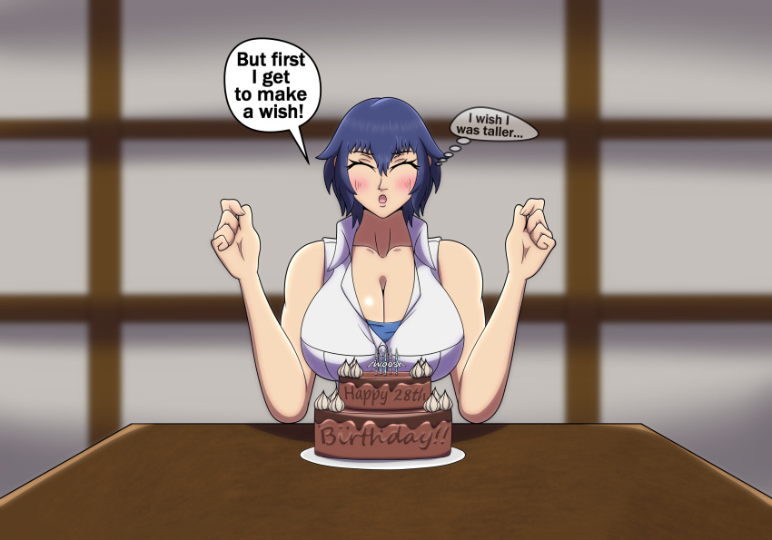 1girls big_breasts birthday birthday_cake blue_hair boyfriend breasts cake chocolate_cake girlfriend justjake large_breasts looking_at_viewer persona persona_4 persona_4_the_golden pov shirogane_naoto short_hair talking_to_viewer