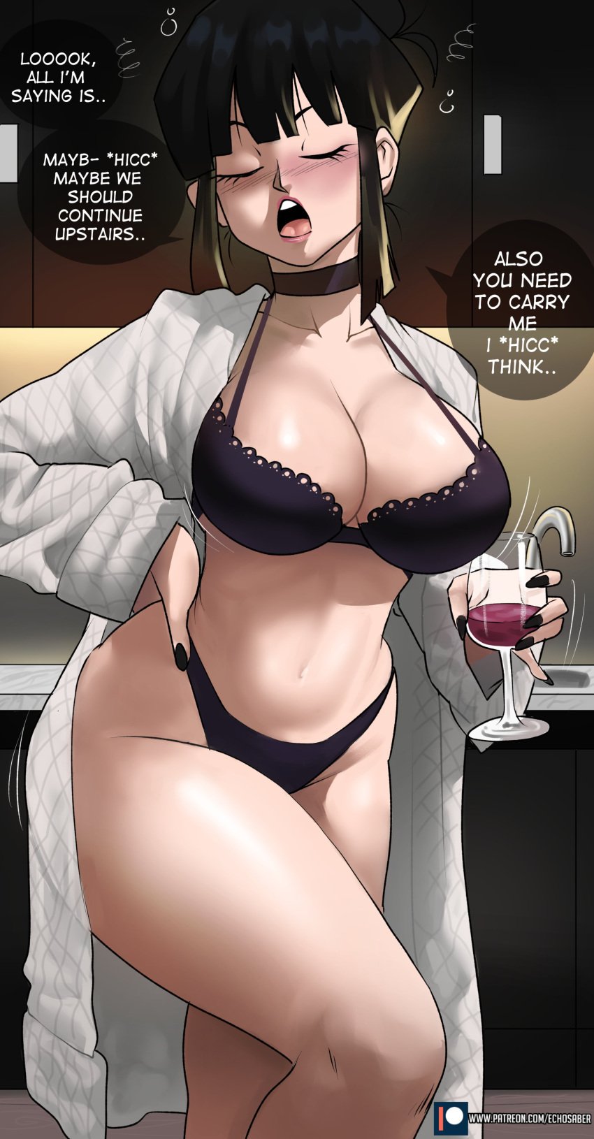 black_nails bra chichi choker dialogue dragon_ball dragon_ball_super drunk echosaber female hiccuping hourglass_figure lingerie milf nail_polish panties solo thick_thighs wine_glass