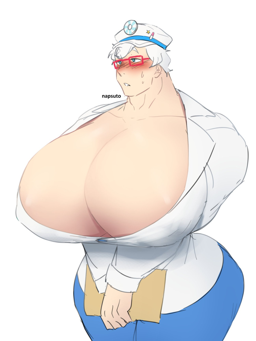 big_breasts blush breasts busty_boy cleavage glasses male male_only male_with_breasts milk_cookie napsuto solo_male white_hair wide_hips