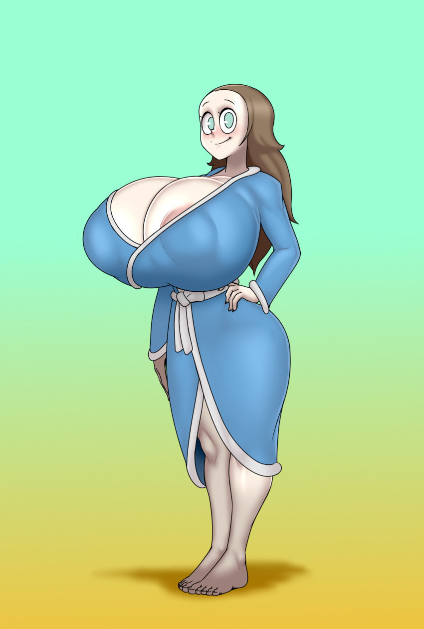 1girls aqua_eyes aurora_(creatorrp) ber00 blue_eyes brown_hair female female_only glands_of_montgomery hourglass_figure huge_areolae huge_breasts huge_thighs inverted_nipples large_areolae large_breasts large_thighs overflowing_breasts robe solo wet_hair