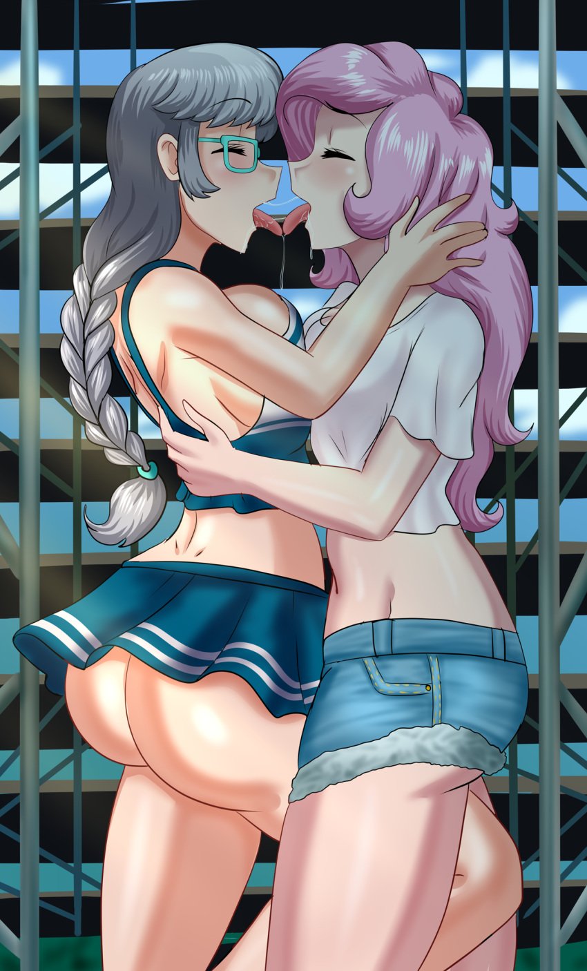 2girls age_difference aged_up ass big_breasts bleachers booty_shorts breasts cheerleader cheerleader_outfit cheerleader_uniform cogbrony couple couple_(romantic) couple_love drool drool_on_face drool_string drooling female female_only fluttershy_(mlp) french_kiss french_kissing friendship_is_magic girlfriends hasbro huge_ass humanized kissing my_little_pony saliva saliva_drip saliva_on_tongue salivating silver_spoon_(mlp) sloppy sloppy_kiss tongue tongue_kiss under_bleachers yuri