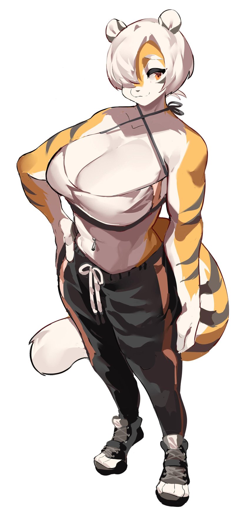 1girls amber_eyes anthro arknights aspirindabaitu big_breasts breasts female furry mx99926 simple_background solo solo_female tiger tiger_girl waai_fu_(arknights) white_background