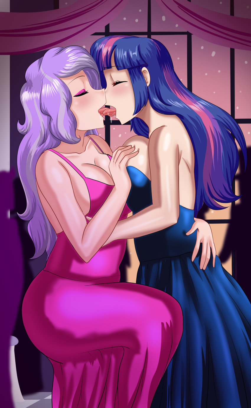 2girls age_difference aged_up ball closed_eyes cogbrony diamond_tiara_(mlp) dress drool drooling eyeshadow female female_only french_kiss french_kissing gown human humanized kissing my_little_pony my_little_pony_friendship_is_magic seducing seduction seductive_mouth sloppy sloppy_kiss tongue tongue_kiss tongue_out twilight_sparkle_(mlp) two_tone_hair yuri