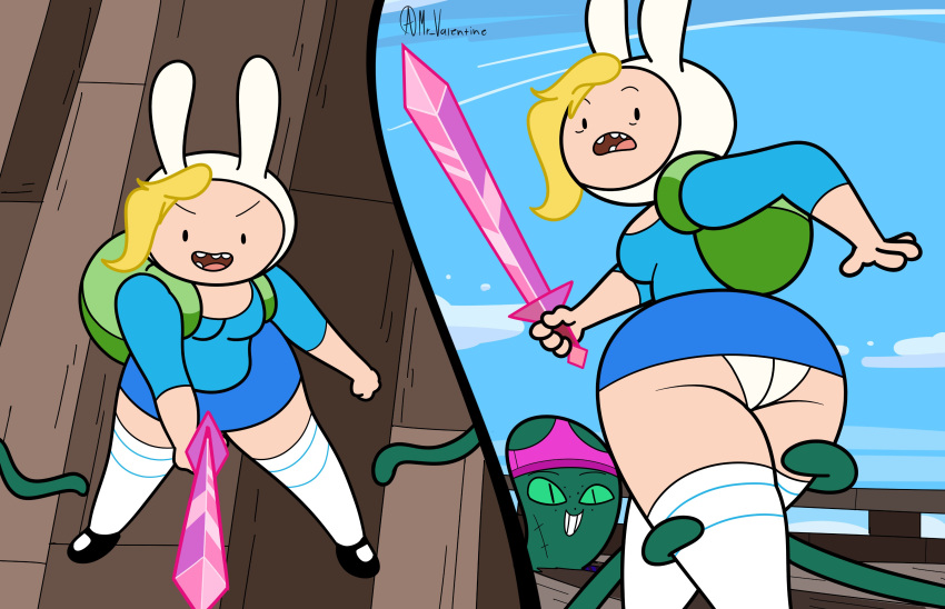 1girls adventure_time ass backpack bag big_ass big_breasts blonde_hair breasts bunny_ears cleavage clothing eyewear female fionna_the_human_girl headwear human large_breasts light-skinned_female light_skin miniskirt mr_valentine00 pale_skin panties pantyshot skirt skirt_too_short socks sword tentacle thick_thighs thighs underwear upskirt weapon white_panties wide_hips