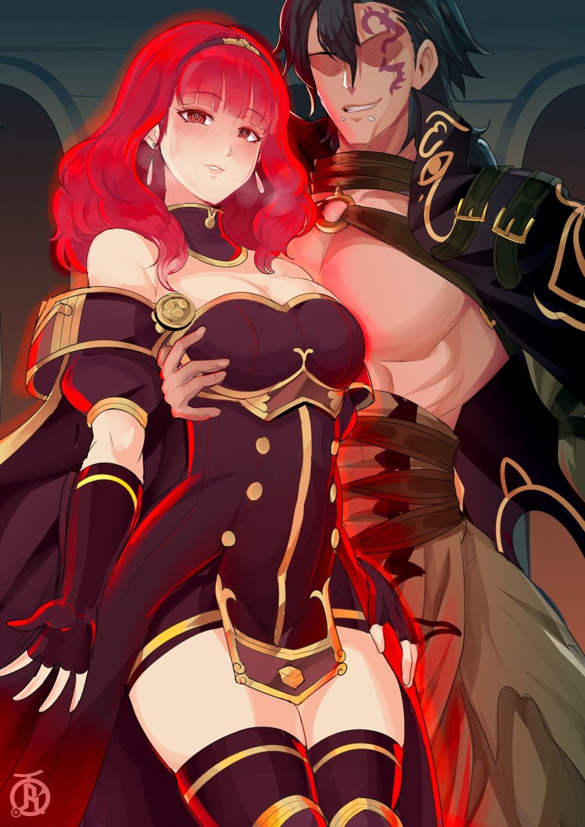 1boy 1girls alternate_color alternate_costume aura bangs bare_thighs breast_grab breasts celica_(fire_emblem) cleavage corruption earrings elbow_gloves emblem_(fire_emblem) facial_tattoo female fingerless_gloves fire_emblem fire_emblem_echoes:_shadows_of_valentia fire_emblem_engage gloves green_hair grin griss_(fire_emblem) groping heavy_breathing large_breasts looking_at_viewer male medium_hair muscular muscular_male nintendo pelvic_curtain red_aura red_eyes red_hair revolverwingstudios short_hair smile sweat tattoo thick_thighs thighhighs thighs tiara