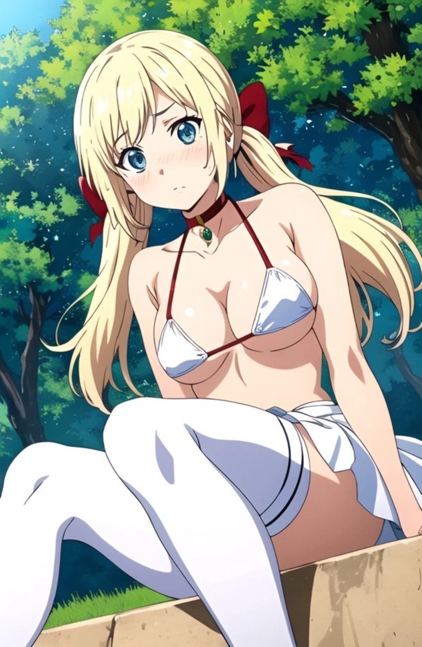 1girls ai_generated big_breasts bikini blonde_hair blue_eyes busty cleavage female female_only hi_res large_breasts legs looking_at_viewer low_twintails sitting skirt thighs voluptuous white_bikini yuna_yunis yuusha_ga_shinda!