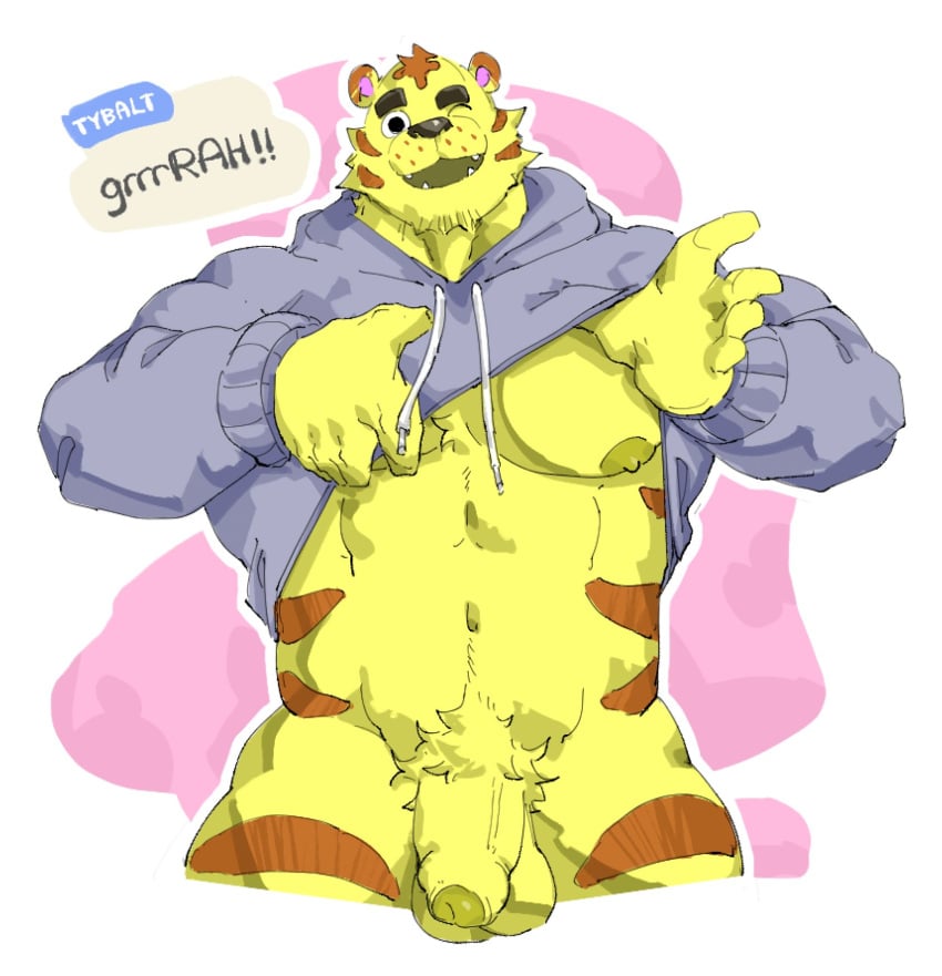 animal_crossing anthro balls bara flaccid furry hoodie hoodie_lift male male_only muscles muscular nintendo one_eye_closed pantsless penis phosbara solo solo_male text_bubble tiger tybalt_(animal_crossing) yellow_body yellow_fur