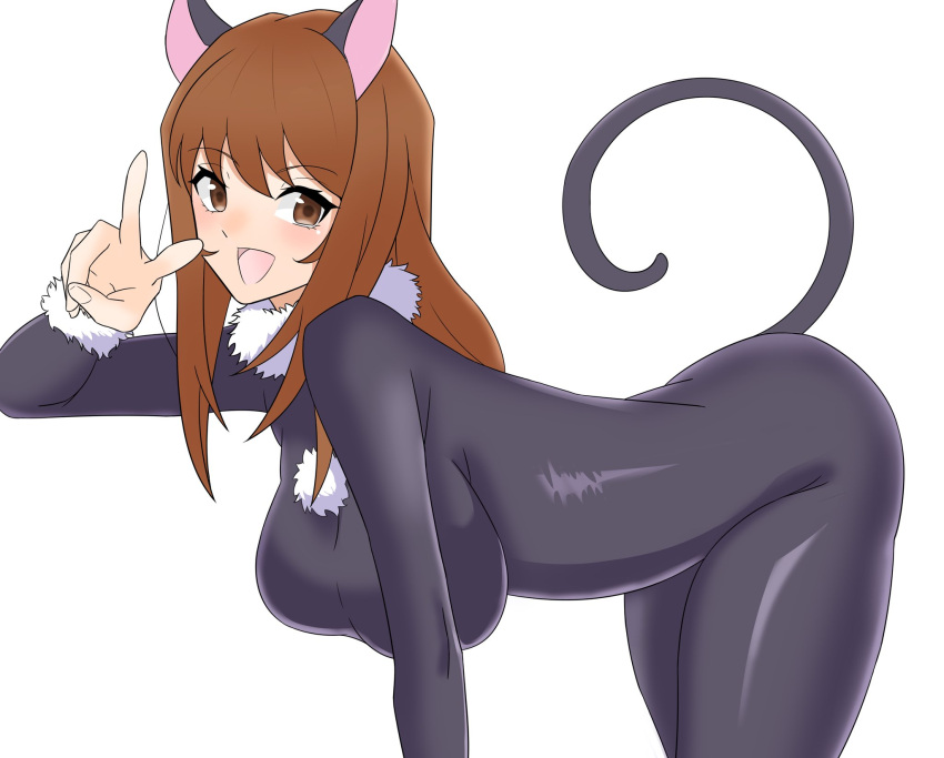 1girls all_fours animal_ears big_breasts bodysuit breasts brown_eyes brown_hair busty cat_ears catsuit erica_fontaine female female_only hanging_breasts highres large_breasts looking_at_viewer open_mouth pose posing sakura_taisen sakura_taisen_iii sakura_wars sega smile solo v voluptuous