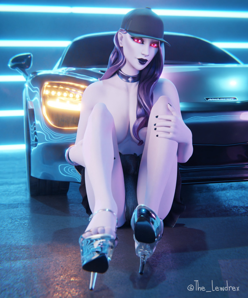 1girls 3d areolae blender bottomwear breast_peek breasts cap car choker clothed clothing detailed_background dusk_(fortnite) epic_games feet female female_focus female_only fortnite fortnite:_battle_royale glowing glowing_eyes half-dressed half_naked headwear high_heels highres lewdrex long_hair looking_at_viewer mclaren mclaren_p1 medium_breasts midnight_dusk_(fortnite) nipples on_floor pale-skinned_female pale_skin pose posing presenting presenting_feet purple_hair seductive seductive_eyes seductive_look seductive_smile sitting skirt upskirt vampire vampire_girl watermark