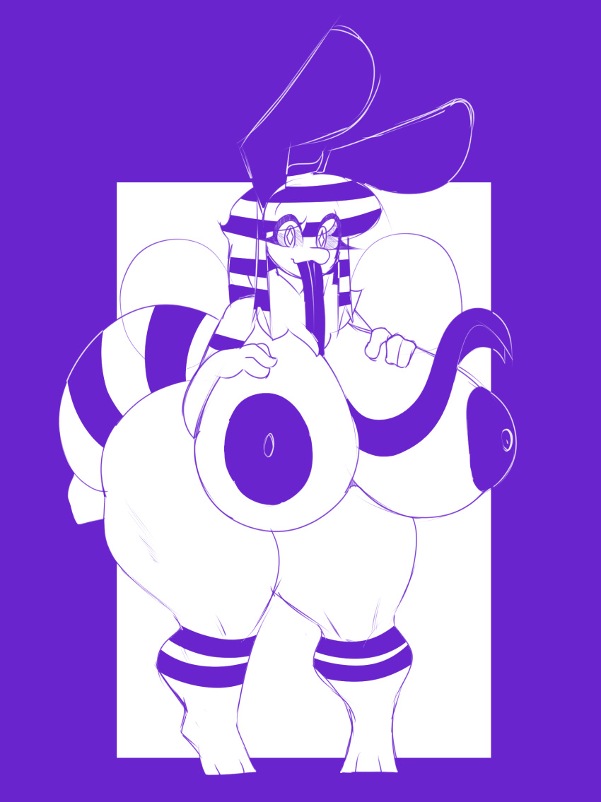 antennae_(anatomy) anthro areola arthropod arthropod_abdomen ass bee bent_over bie_(beefuccer) big_breasts big_butt black_sclera breasts clothing female fur hair hi_res huge_breasts huge_butt huge_thighs hymenopteran hyper hyper_breasts insects long_tongue neck_tuft nipples nude simple_background smile solo standing striped_hair thick_thighs tongue tongue_between_breasts tongue_out topwear tuft wide_hips wings zantanerz_(artist)