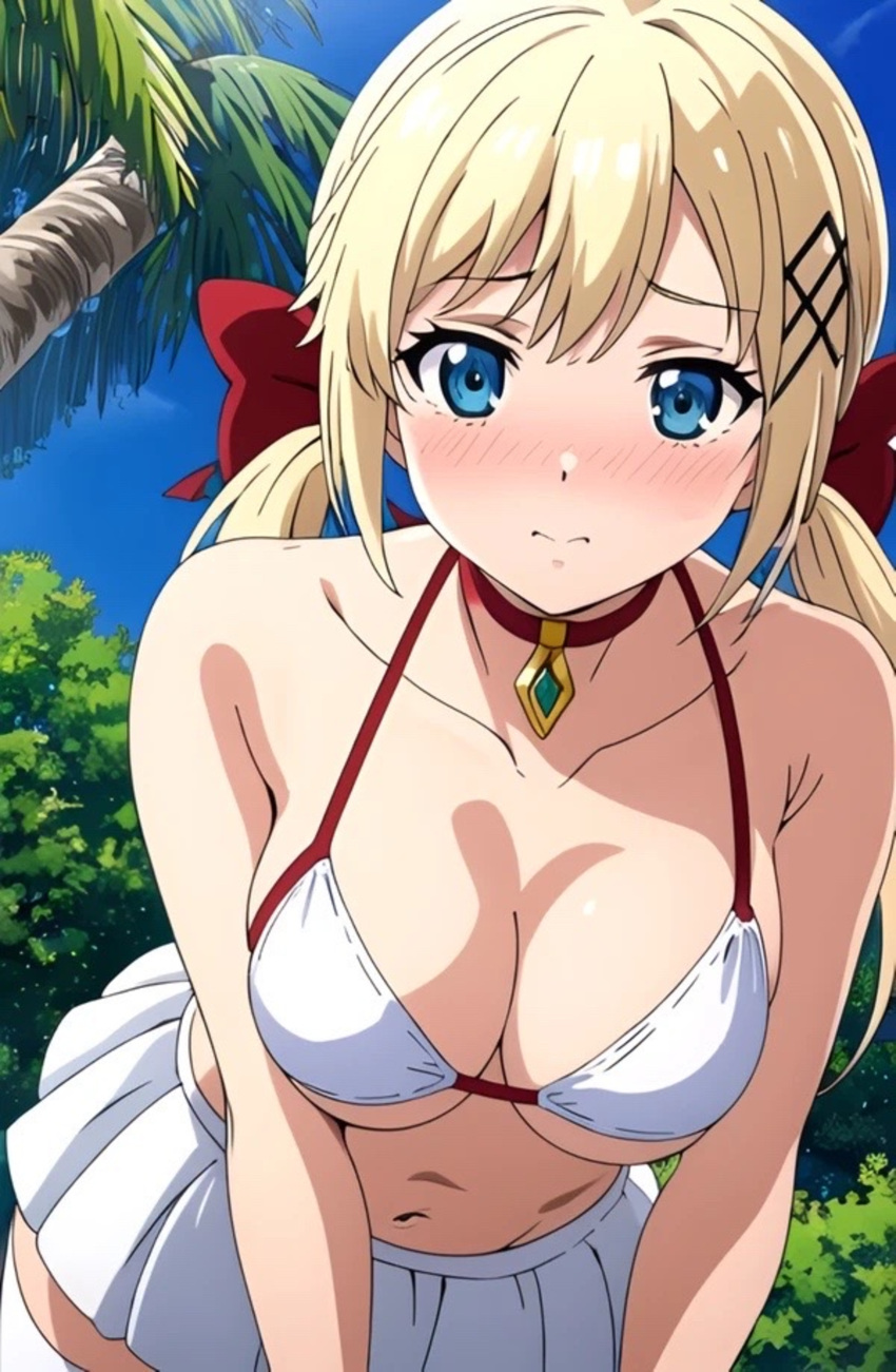 1girls ai_generated bent_over big_breasts bikini bikini_top bikini_top_only blonde_hair blue_eyes blush busty cleavage female female_only hi_res large_breasts leaning_forward legs looking_at_viewer low_twintails midriff navel skirt thighs voluptuous white_bikini yuna_yunis yuusha_ga_shinda!