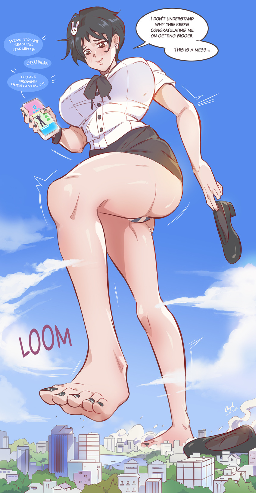 1girls angelgts breasts city city_destruction commission earrings english english_text giantess giantess_growth growing growth original original_character phone reluctant short_hair skirt striped_underwear talking_on_phone talking_to_another text white_shirt