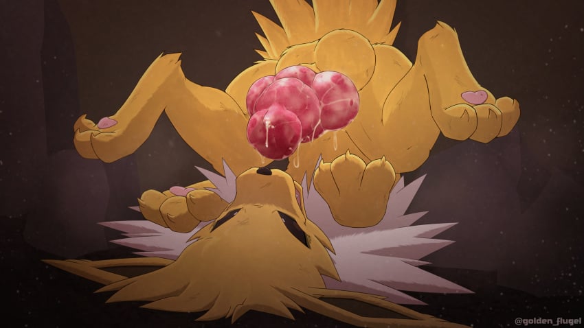 1boy anatomically_correct anatomically_correct_genitalia anatomically_correct_penis balls big_knot big_penis bodily_fluids canid canine cave cum cum_drip cum_on_penis dirty_fur dripping eeveelution feral feral_only generation_1_pokemon genital_fluids genitals hi_res jolteon jolteon_(vogold) knot looking_at_viewer male male_only mammal messy nintendo paws penis pokemon pokemon_(species) presenting solo sweat upside-down vogold