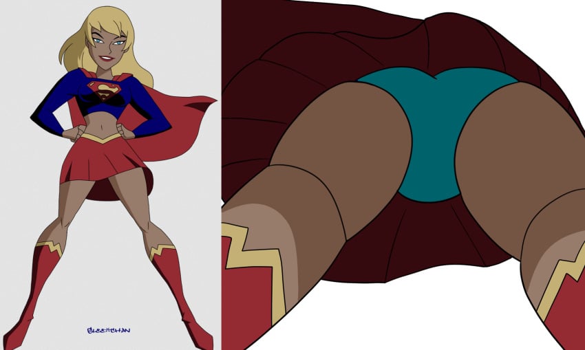 artist_request cape cyan_panties dc dc_comics dcau pantyshot red_cape red_skirt supergirl supergirl_(dcau) superheroine tagme