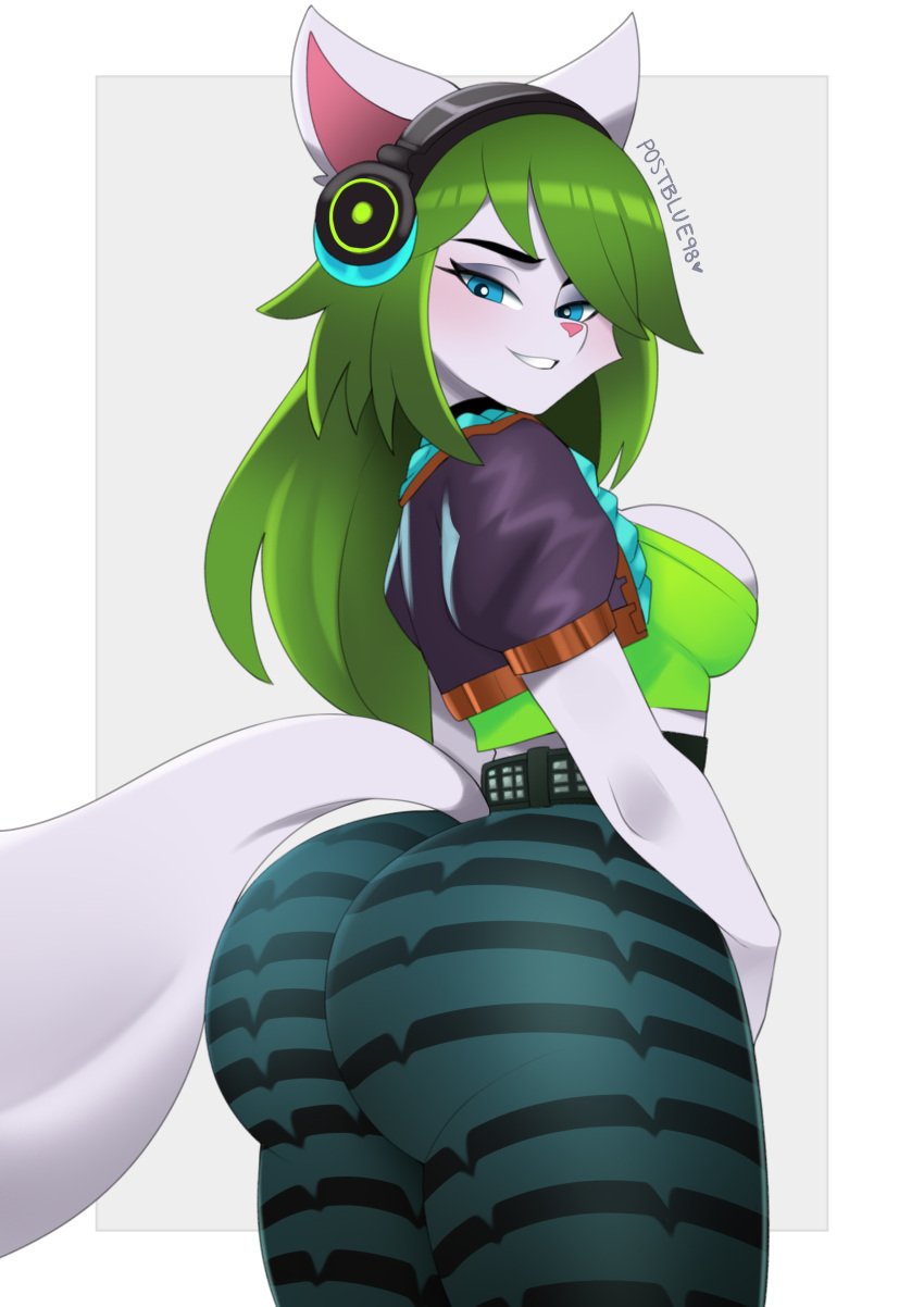 1girls 2d anthro anthro_only ass belt big_ass blue_eyes clothed dat_ass female female_only fully_clothed green_hair headphones looking_at_viewer looking_back paladins postblue98 salt_(paladins) sideboob solo tagme tail thick_thighs tight_clothing white_fur