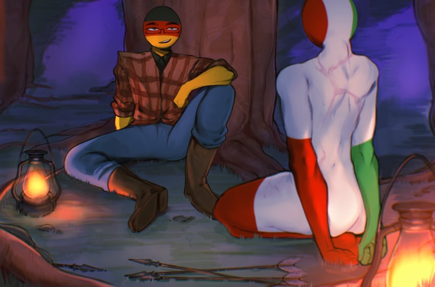 clothed/nude clothed_male completely_nude_male countryhumans dafriix forest germany_(countryhumans) hentai italy_(countryhumans) lantern nature porn tree woods