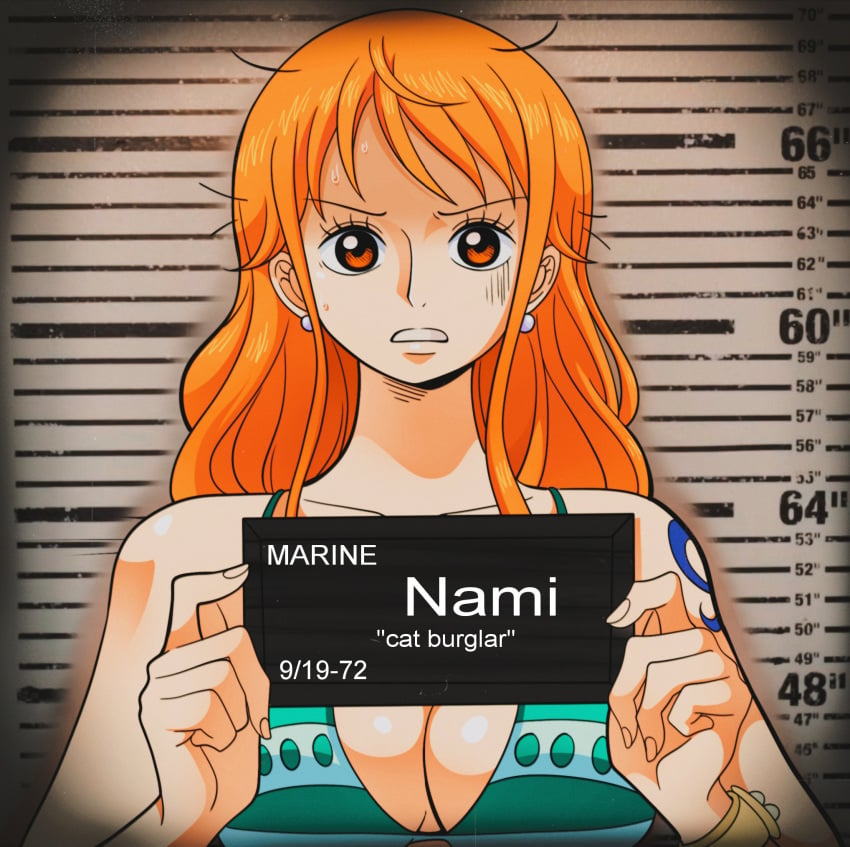 1girls barbie_and_ken_mugshot_(meme) big_breasts bikini breasts chandllucky cleavage earrings female female_only long_hair meme mugshot nami one_piece orange_eyes orange_hair pearl_earrings post-timeskip redhead shounen_jump solo solo_female