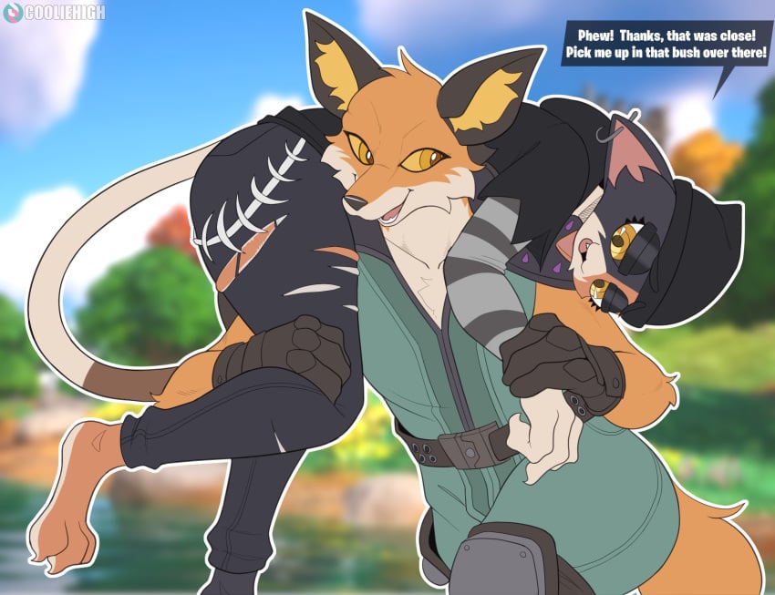2020s 2023 2d anthro artist_name black_nose blue_sky carrying carrying_partner chest_tuft cooliehigh day digital_media_(artwork) ear_tuft english_text epic_games female fennix_(fortnite) fortnite furry furry_female furry_male furry_only male meow_skulls_(fortnite) oerba_yun_fang open_mouth orange_eyes outside paws ripped_clothing ripped_pants sky subscribestar_logo tagme tail text yellow_eyes yellow_fur yellow_sclera