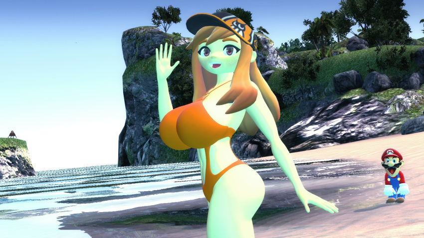 1boy 1girls 3d 3d_(artwork) beach brown_eyes garry's_mod huge_breasts human_meggy mario mario_(series) meggy_spletzer orange_hair public rasmusnsfw47 smg4 swimsuit