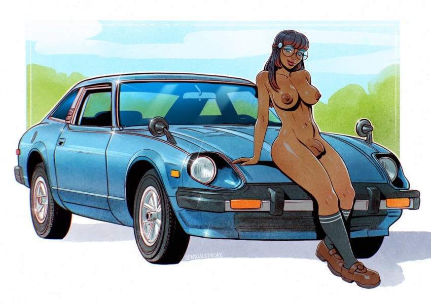 1futa areolae balls bangs big_breasts black_hair breasts car casual dark-skinned_futanari dark_skin datsun eyewear female flaccid footwear full_body futa_only futanari glasses human intersex long_hair naked_footwear naked_shoes naked_stockings naked_with_shoes_on nipples nissan nissan_280zx_turbo nude penis round_glasses sensualstroke shoes shoes_only socks solo standing stockings