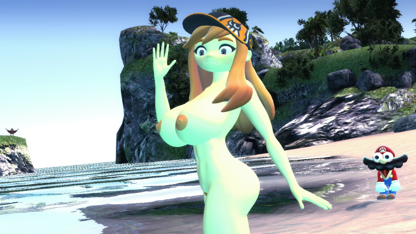 1boy 1girls 3d 3d_(artwork) beach big_nipples brown_eyes completely_nude_female garry's_mod huge_breasts human_meggy mario mario_(series) meggy_spletzer nude_female nude_female_clothed_male orange_hair public public_nudity rasmusnsfw47 smg4