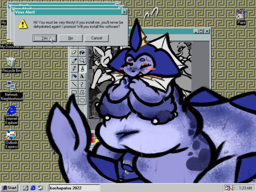 <3_eyes 2022 animal_print anthro balls belly big_balls big_belly big_breasts blue_eyes blush blush_stickers bodily_fluids breasts cinderace colored cow_print cursor dripping eeveelution facial_markings foreskin freckles freckles_on_butt front_view generation_1_pokemon generation_8_pokemon genital_fluids genitals hands_together head_markings heart heart_(marking) hi_res huge_breasts kochapatsu lagomorph long_tail looking_at_viewer looking_back male male_only mammal markings microsoft microsoft_paint microsoft_windows monochrome moobs mouse_cursor navel nidoqueen nintendo nipple_piercing nipples one_eye_closed overweight overweight_anthro pansol_(kochapatsu) pawpads penis piercing pokemon pokemon_(species) precum precum_drip semi-anthro smile solo sweat sweatdrop tail text vaporeon warning_symbol windows_95