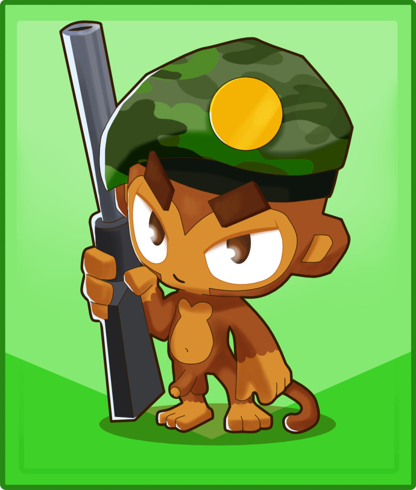 1boy anthro anthro_only beret bloons bloons_tower_defense brown_body brown_fur casual casual_nudity clothing eyebrows firearm foxjesus fur genitals green_background gun haplorhine hat hat_only headgear headgear_only headwear headwear_only hi_res holding_object holding_weapon male male_only mammal military military_cap monkey monkey_penis mostly_nude navel ninja_kiwi nude nude_male primate raised_eyebrow ranged_weapon rifle simple_background smug sniper sniper_monkey sniper_rifle solo weapon